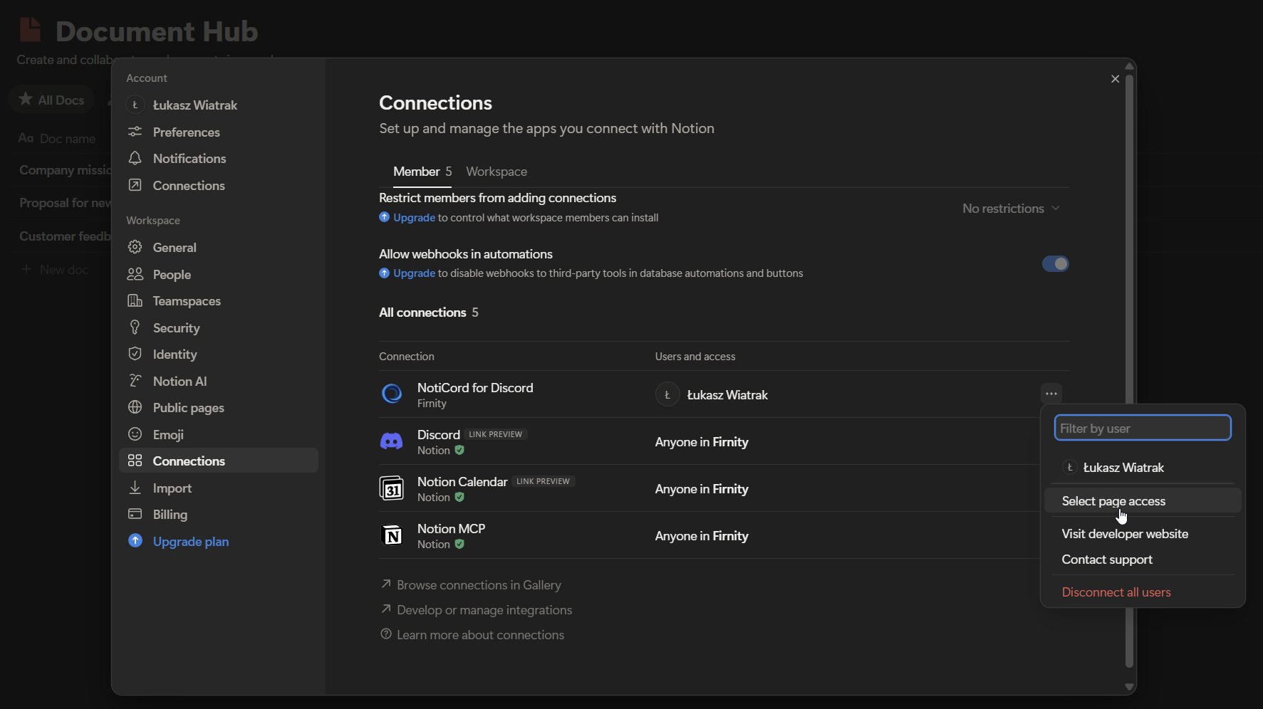 Notion Connections settings showing NotiCord with the menu open and the Select page access option highlighted