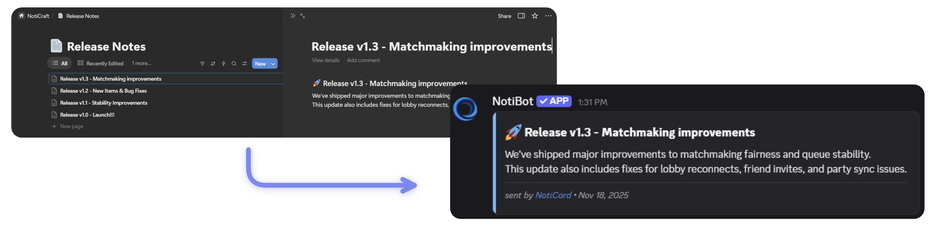 Notification appearing in Discord showing a new page from Notion