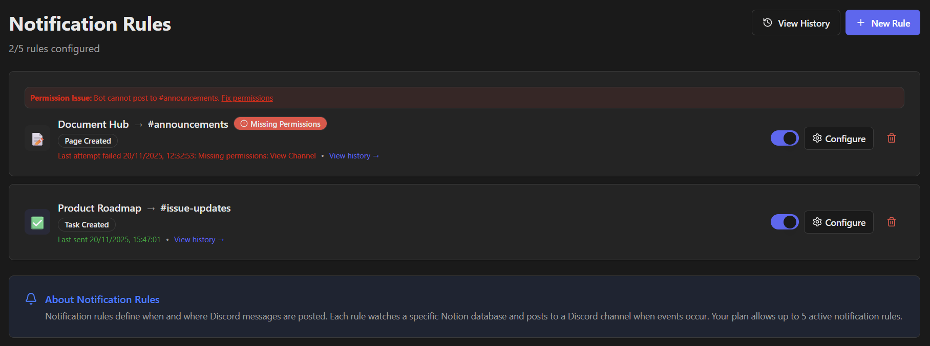 Notifications page showing rule cards with error badges, activity timestamps, and enable/disable toggles